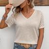 Контрастная кружевная футболка с вырезом, элегантная футболка с коротким рукавом и v-образным вырезом на весну и лето, женская одежда