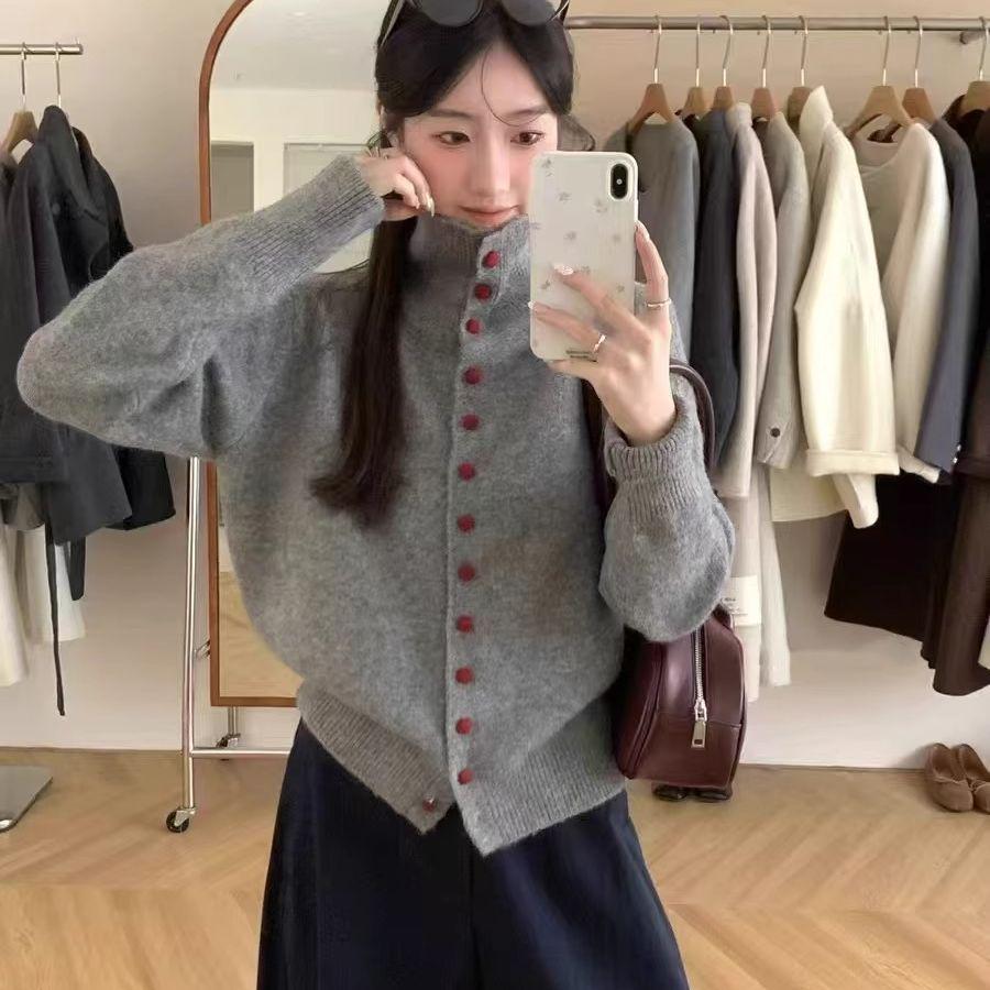 Женский вязаный кардиган с высоким воротником на пуговицах, однотонный, свитер свободного кроя.