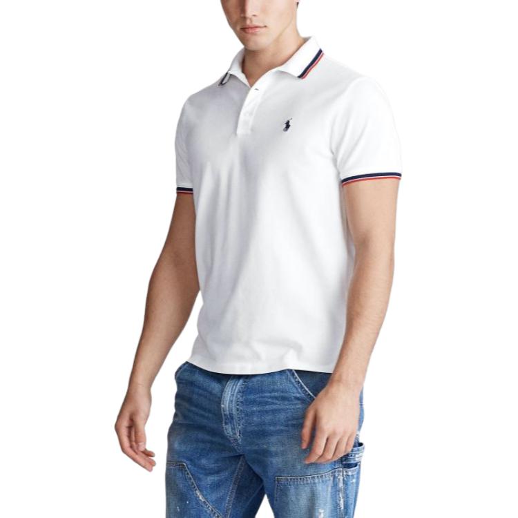 Polo Ralph Lauren Slim Fit Striped Trim Рубашка поло с коротким рукавом Мужская белая 710782636-002