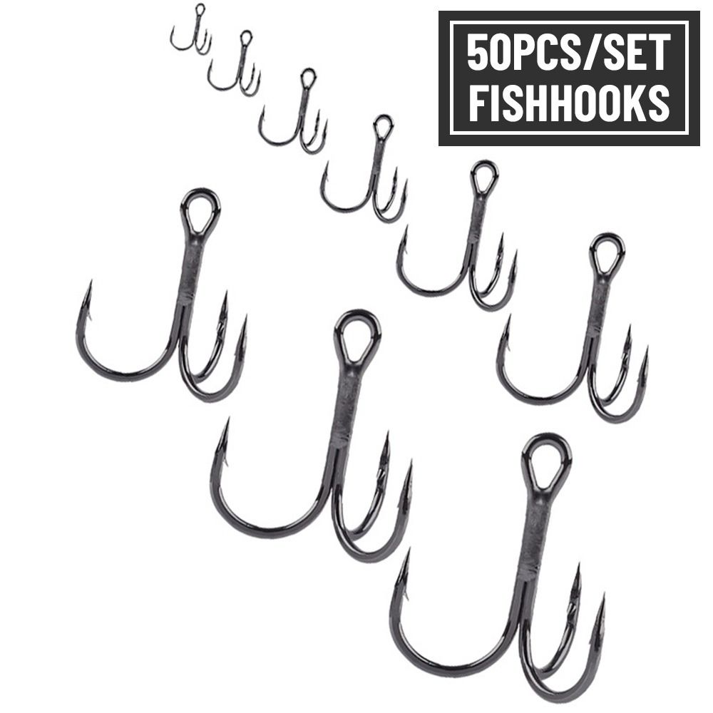 50PCS/Set Durable Sharpened Barbed Hooks Treble Jig Fishing Tackle Fishhooks High Carbon Steel