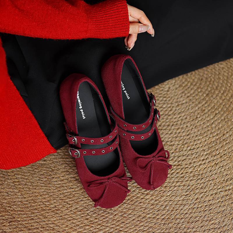 Krazing Pot Nubuck Fashion Spring Size 42 41 Beauty Flat with Women Round Toe Shoes Rivets Ballet Dance Bowtie Decoration Shallow Flats