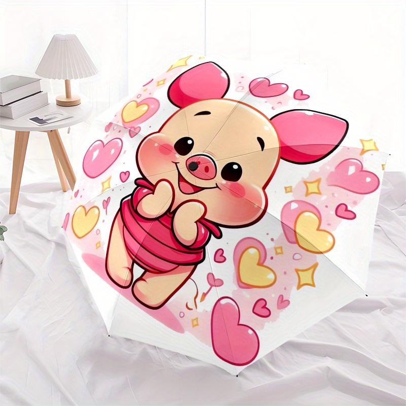 Cute Piglet,Hearts,Cartoon Style Theme Automatic Compact Folding Cute Umbrella - Portable and Durable, 8-Bone Iron Umbrella for All Weather0