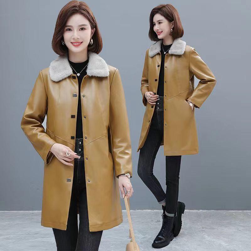 Haining Autumn and Winter Plus Cotton Winter Thick Leather Jacket PU Western Style Mid-length Loose Women's Windbreaker