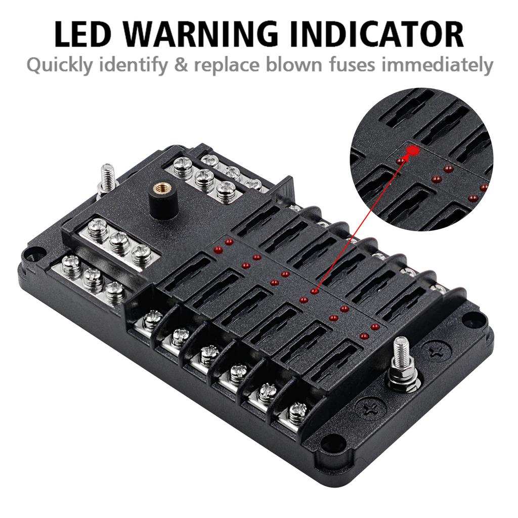 Automotive Marine Boat Fuse Block Waterproof 12 Way with 12 Ground Negative Busbar [100 Amp Max] [ATC/ATO Fuses] [LED Indicator] for Car RV Golf Cart
