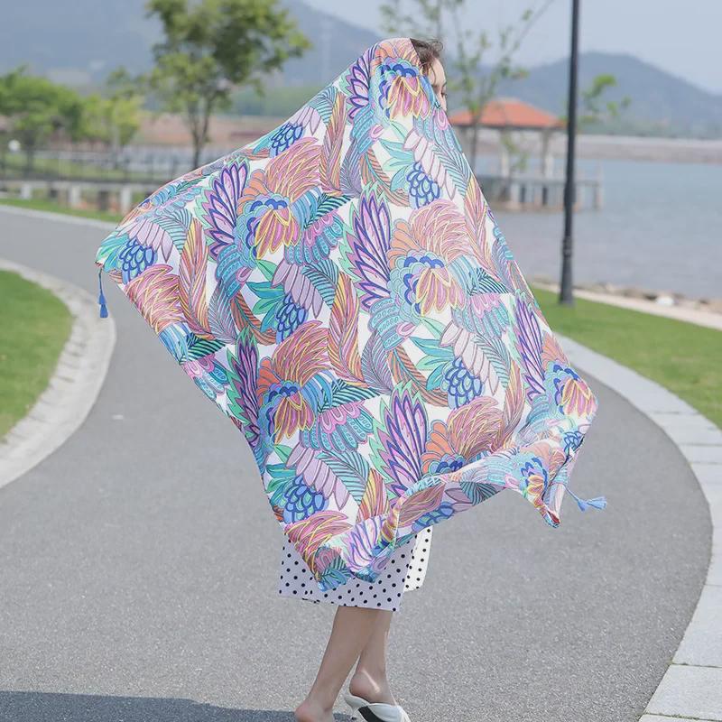 Seaside Travel Cotton & Linen Scarf: Silk Print, Sunscreen Shawl
