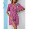 YYFS Women's Fashion Summer Spring Flower Pattern Print Short Sleeve V-Neck High Waist Casual Dresses