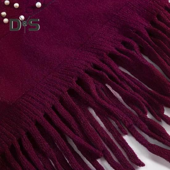 Women Fall Winter Cloak Tassel Bead Decor Faux Fur Decor Triangle Shape Solid Color Knitted Keep Warm Elastic Poncho Shrug Bohemian Style Cable Wrap