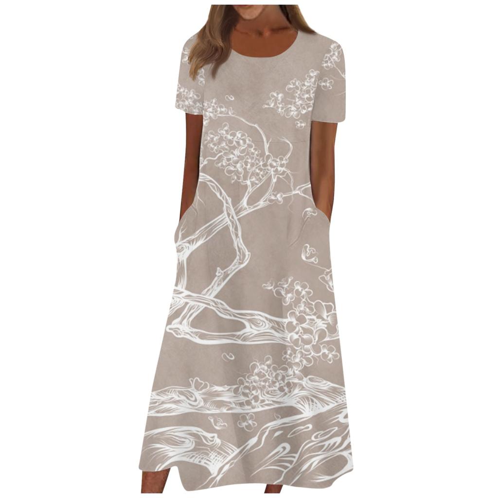 Women's Summer Casual Fashion Floral Print Short Sleeve Round Neck Pocket Dress