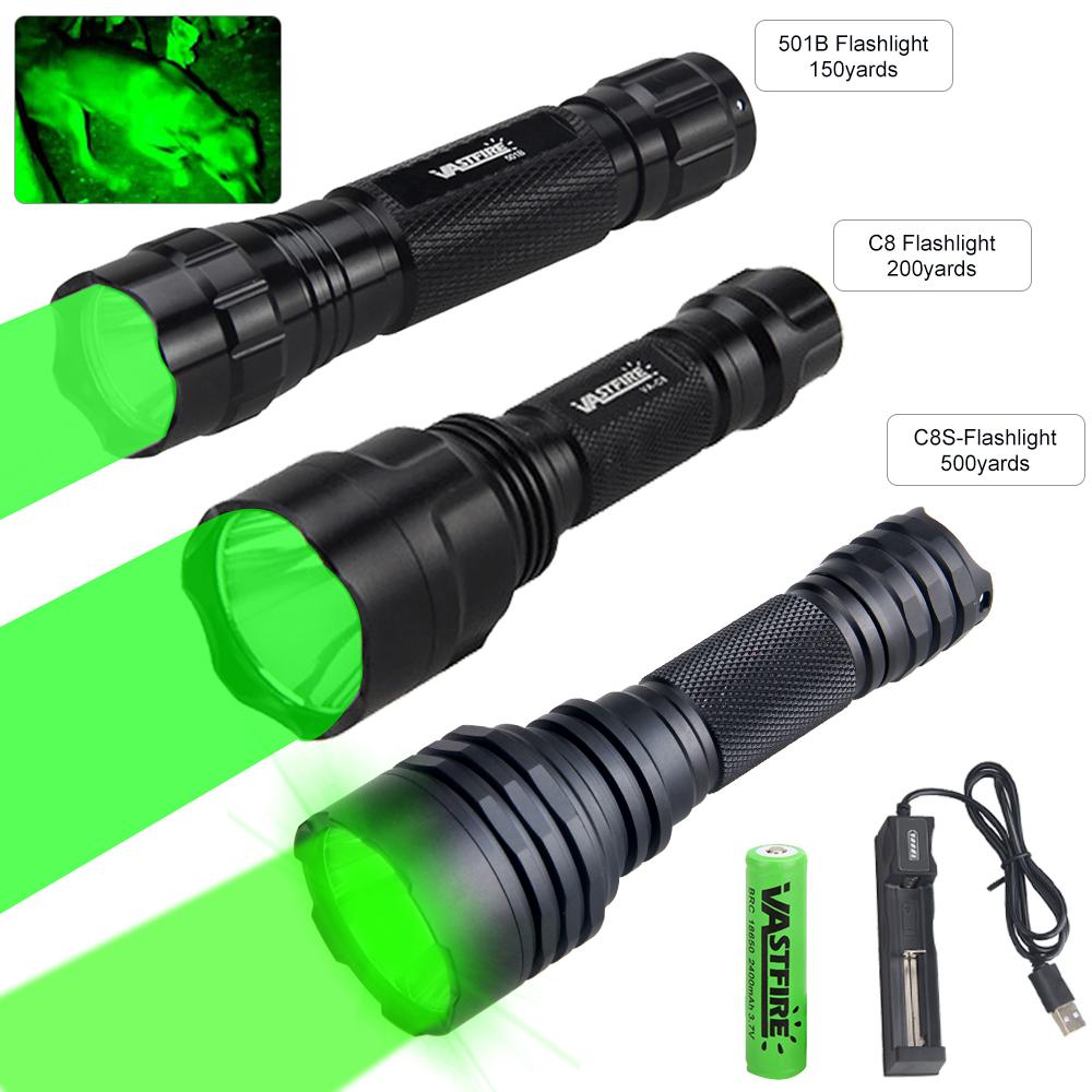 500 Yard 501B/C8/C8s Professional Green Red LED Hunting Flashlight Tactical 1-Mode Torch USB Rechargeable Lantern Power by 18650