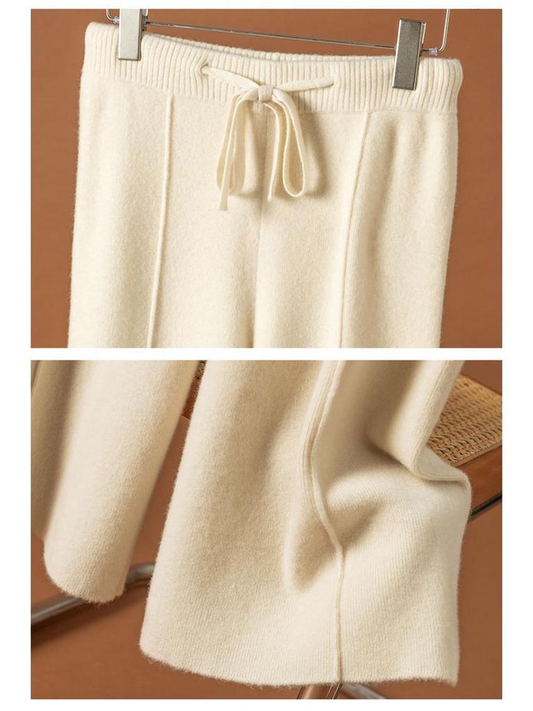 Women's High Waist Wool Wide Leg Pants - Autumn/Winter Casual Floor-Length Knitted Trousers