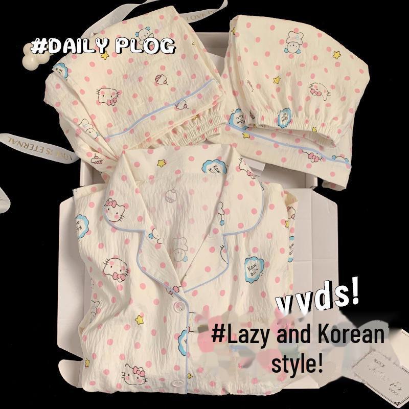 Летняя хлопковая пижама в клетку с цветочным принтом: Женский комплект из трех предметов с коротким рукавом в японском стиле - милая домашняя одежда в стиле интернет-знаменитостей.