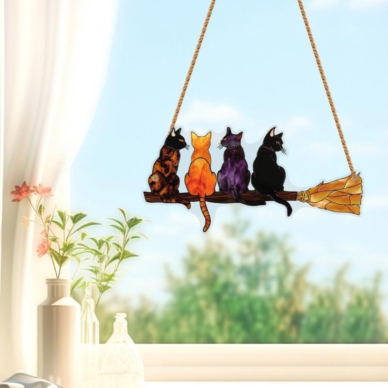 Elegant Colorful Cats with Broom Design Window Hanging Ornament Compacts Size Acrylic Suncatchers Home Garden Decors