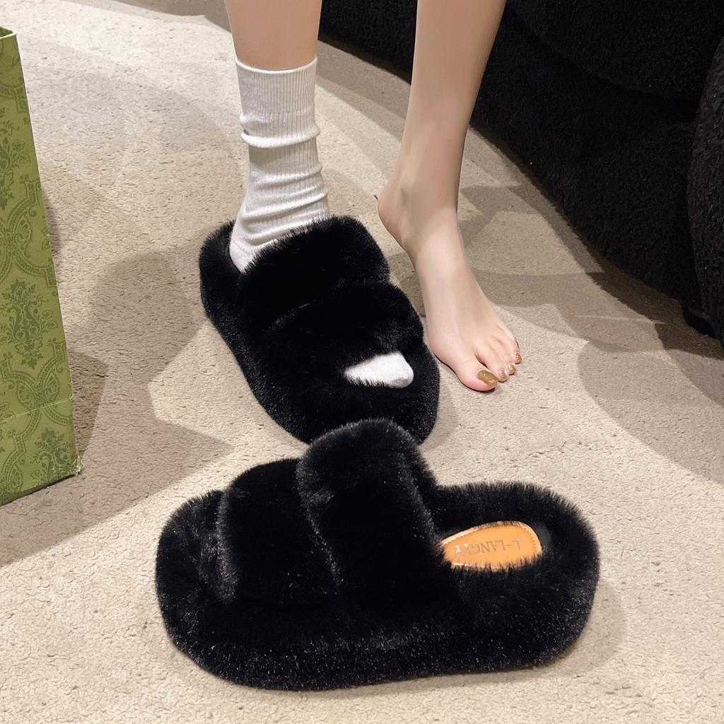 Foreign Trade Large-size Fluffy Slippers for Women's Outer Wear 2025 New Korean Version of Home Furnishing Autumn and Winter One-word Thick-soled Cott