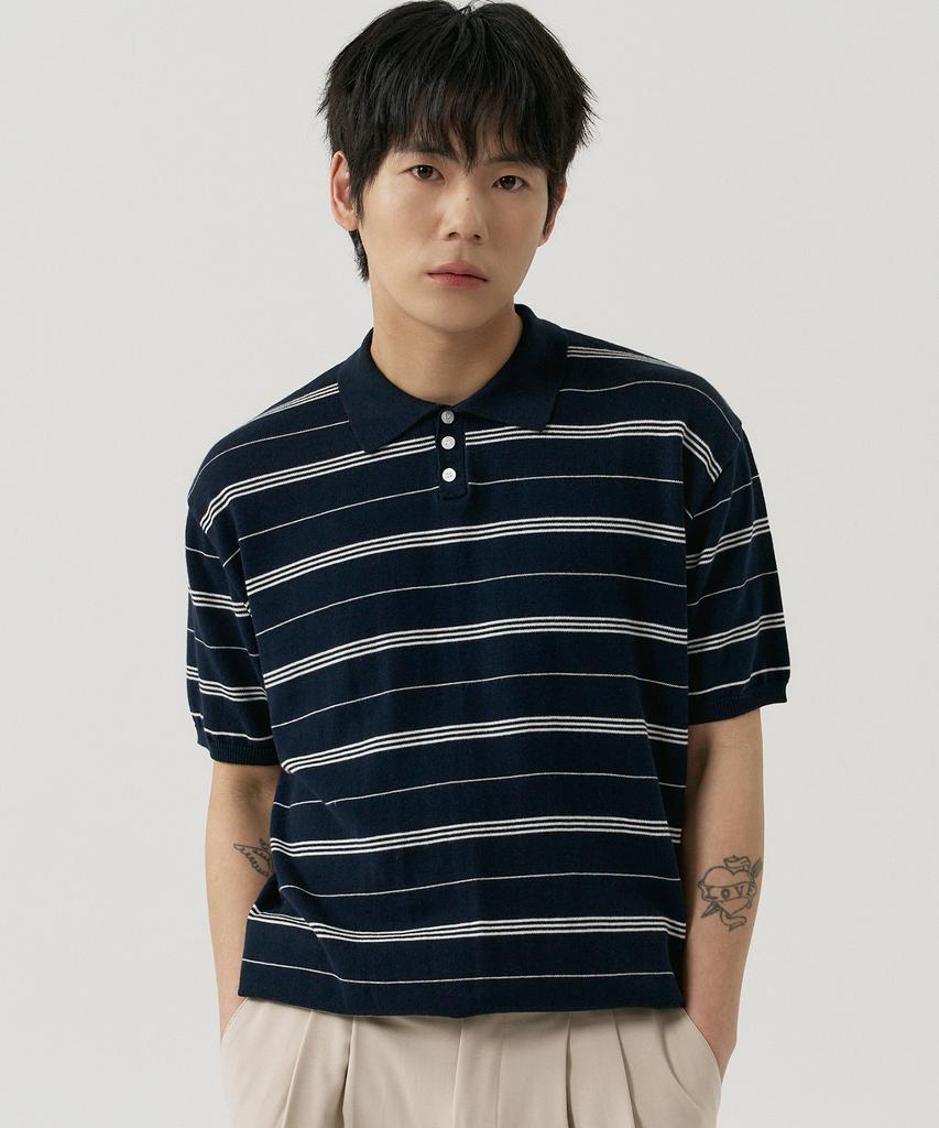 GNOK Striped Henley Neck Short Sleeve Knit [4 Colors]