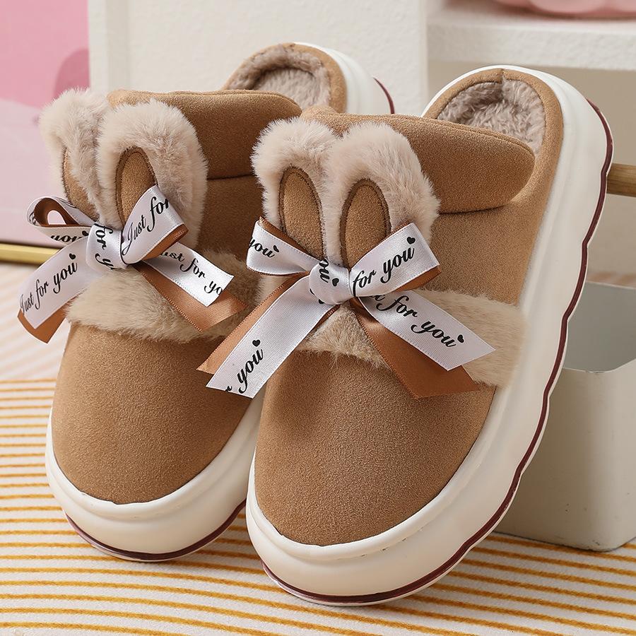 Women's Warm Home Slippers Cute Autumn Winter New Arrival Bow Thick Plush Non-Slip Soft Slippers Bedroom Platform Ladies Slides