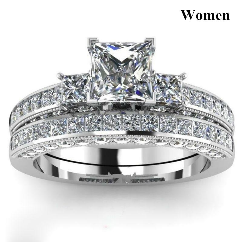 Fashion Couple Rings Romantic Women Blue Rhinestones CZ Rings Set Trendy Men Stainless Steel Rings Wedding Band Jewelry Gifts
