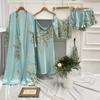 Women's Long Bathrobe Set Silk Spring Autumn Floral Print Ladies Dressing Gown 4 Pieces Set Nightdress Summer Satin Pajama