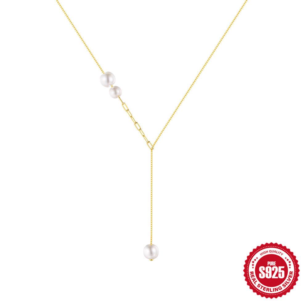 Стильная простая цепочка из стерлингового серебра 925 пробы, соединенная цепочкой в виде скрепки и О-образной цепочкой, с жемчугом, универсальная цепочка для ключицы, Y-образное ожерелье