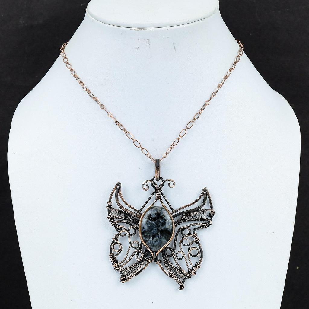Подвеска Larvikite, медная проволочная обертка, подвеска Larvikite Butterfly, ювелирное изделие ручной работы, элегантный кулон, драгоценный камень, медная подвеска для женщин