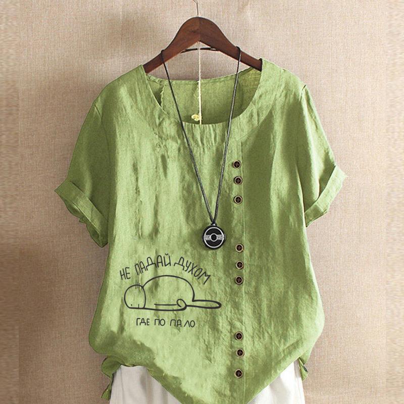 Женская мода с круглым вырезом и коротким рукавом, повседневная хлопковая льняная рубашка с рисунком, свободная летняя блузка с буквенным принтом для отдыха, топы больших размеров