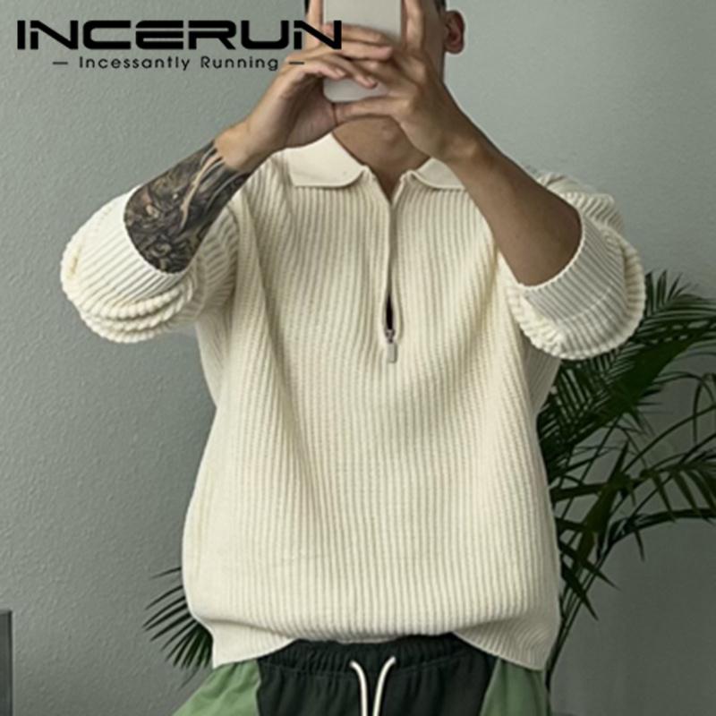 INCERUN Осенне-зимние мужские свободные свитера на молнии с воротником