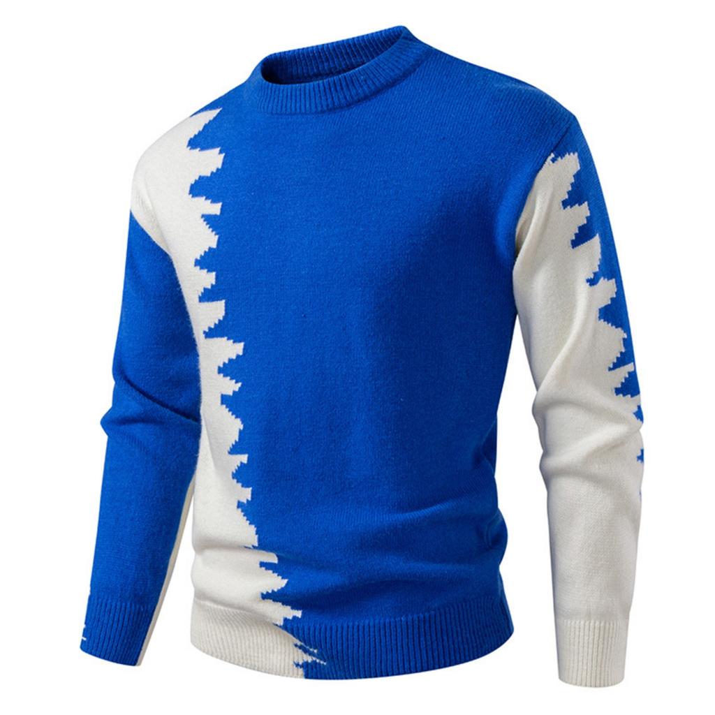 Men's Casual And Trendy Color-blocked Warm Sweater, Fashionable Pullover, With A Round-neck Knitted Sweater Inside