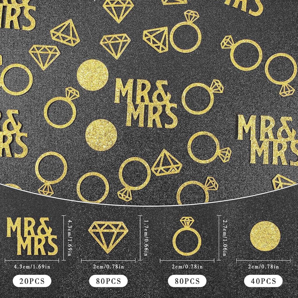 220 Pieces Gold Wedding Table Confetti, Paper Mr and Mrs Gold Diamond Ring Circle Dots Diamond Glitter Confetti for Marriage Ceremony Anniversary