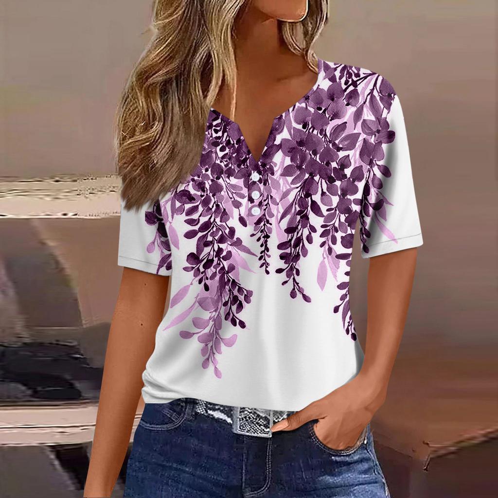 Женская модная повседневная винтажная футболка с v-образным вырезом и коротким рукавом с декоративными пуговицами, топ