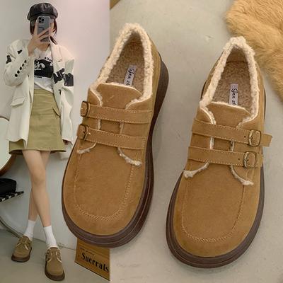 Мягкие хлопковые туфли женские в британском стиле с пряжкой и матовыми мокасинами на плоской подошве пушистые туфли