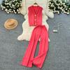 Summer Women Knitted Sweater Tracksuit Sleeveless Big Gold Button Tank Vest Tops and Wide Leg Pant Two Piece Set