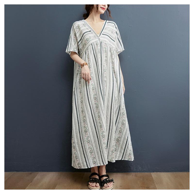 Летняя юбка длиной до колена с принтом для женщин больших размеров, литературное свободное платье с V-образным вырезом