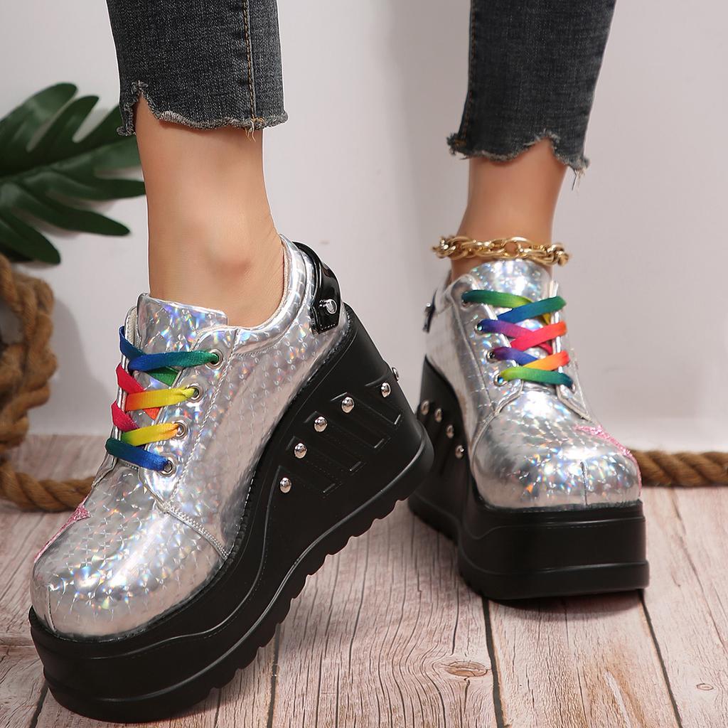 Fashion Silver Patent Leather Chunky Sneakers Women Gothic Thick Bottom Vulcanized Shoes Woman Punk Wedge Heeled Platform Combat Shoes