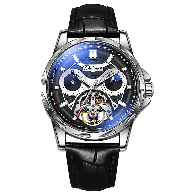 Dulunwe Роскошные автоматические механические часы-скелетоны для мужчин с полым турбийоном, фазой Луны, 12-часовым диском, светящимися часами из нержавеющей стали