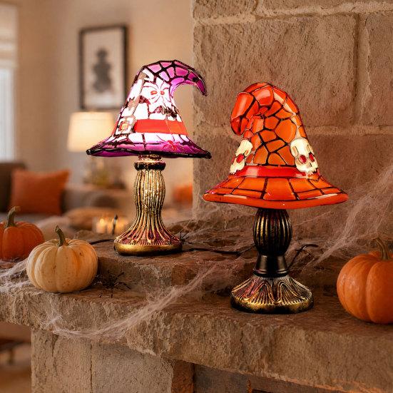 Halloween Witch Hat Table Lamp, USB Stained Glass Witch Hat Lamp, Vintage Gothic Wizard Hat Decorative Night Light for Home, Bedroom