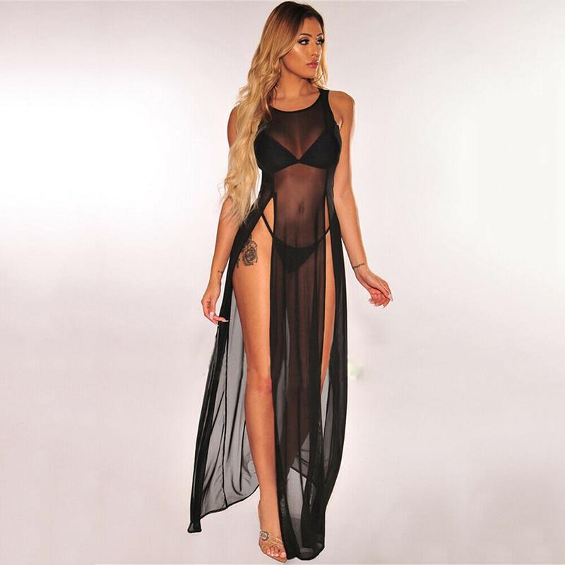 Women Mesh Sheer Bikini Cover Up Elegant Transparent Plus Size Corseted Maxi Dress with Split Beach Dress Swimwear Beachwear
