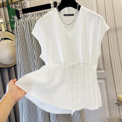 Женская блузка с V-образным вырезом, короткими рукавами, шнуровкой на талии, повседневная, свободного кроя