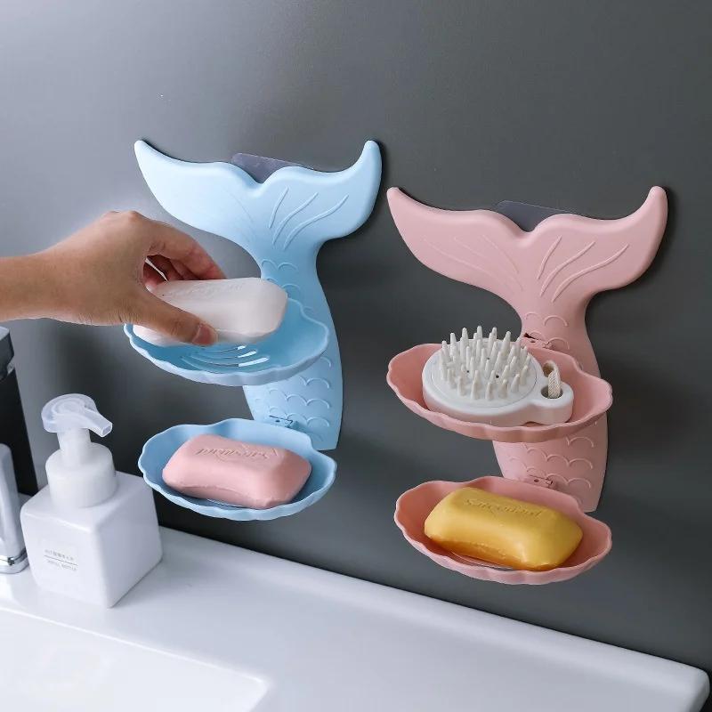New Double-layer Soap Box Bathroom Tray Dish Plate Wall Shelf Free Punch Shower Soap Plastic Double Drain Goldfish Shape Box