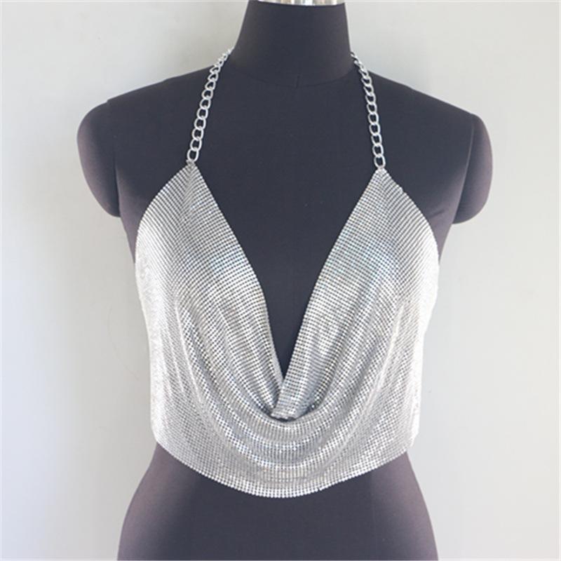 Shining Sequins, Bright Diamonds, Nightclub Style, Sexy, Metal Chain, Neck Hanging V-neck, Backless Top, Tank Top, Sexy Look