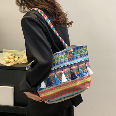Холщовая сумка, модная и персонализированная сумка через плечо в этническом стиле, большая сумка, новинка лета 2023, модная повседневная пляжная сумка через плечо с кисточками
