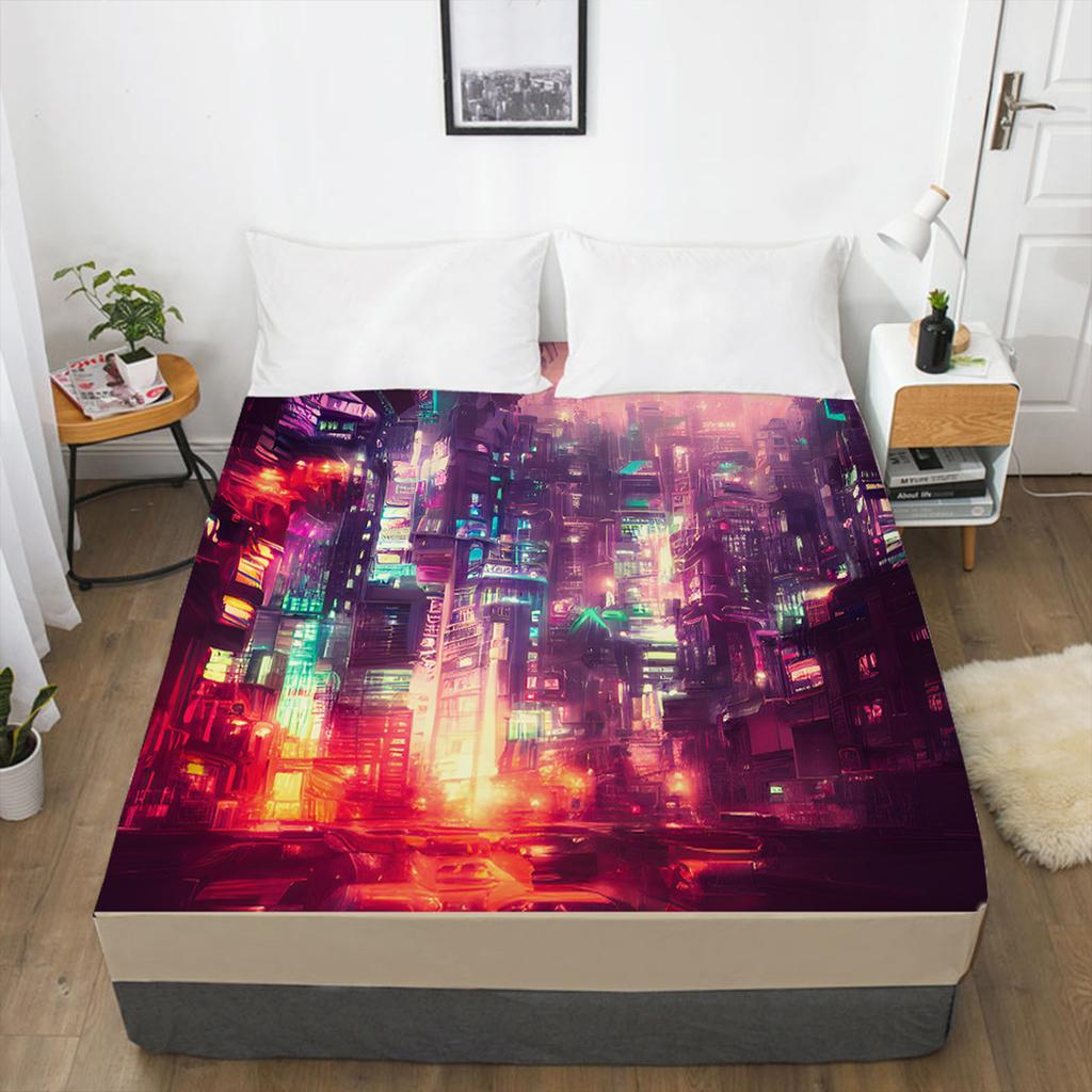 Домашний текстиль Простыня на резинке с узором «Городская ночь» Чехол для матраса с 3D-принтом Простыня с эластичной резинкой Постельное белье Отдельный предмет
