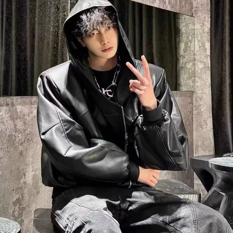 Autumn and winter niche deconstruction zipper hooded PU leather jacket loose scimitar sleeve design sense coat men