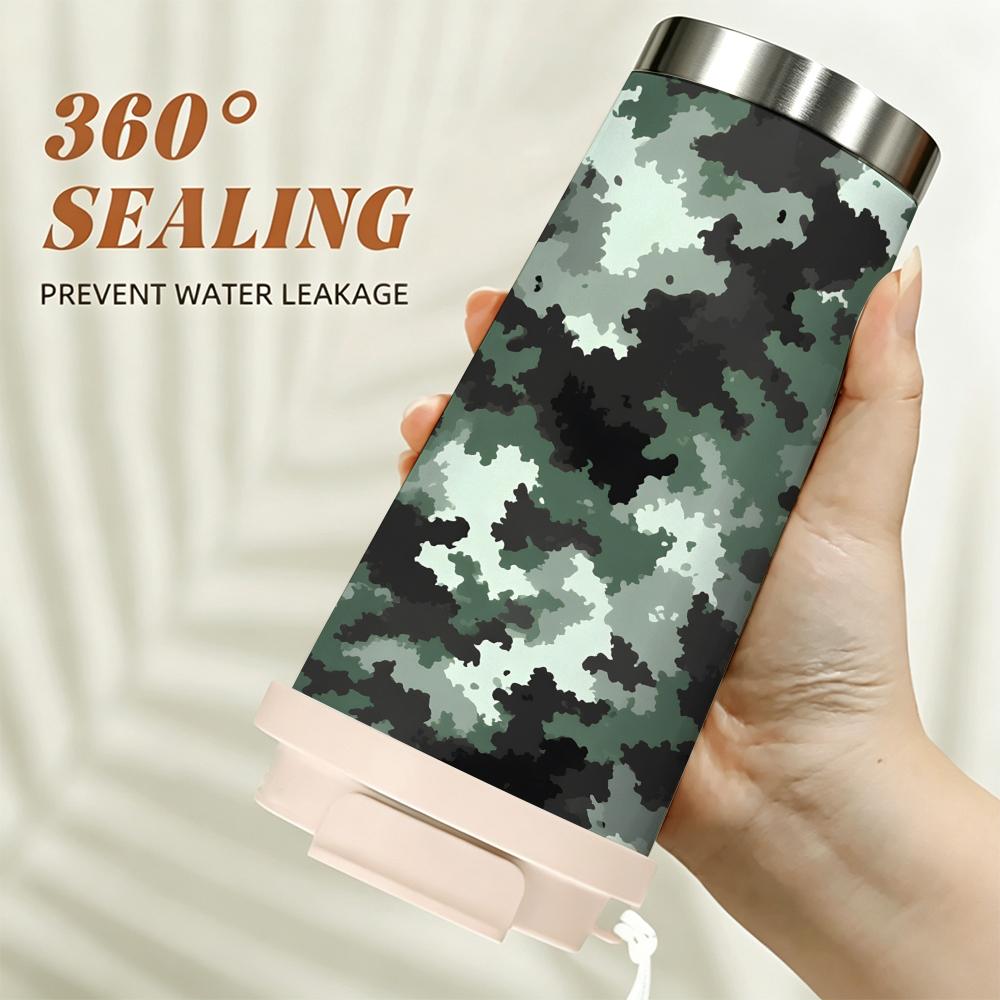 Green Camouflage Pattern Stainless Steel Insulated Coffee Tumbler Vacuum Travel Mug Leakproof Cup for Outdoor Hiking Camping Office