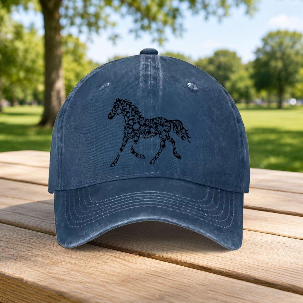 Classic Floral Horse Pattern Washed Baseball Cap Unisex Casual Dad Hat Retro Sports Hat for Outdoor Travel Street Wear