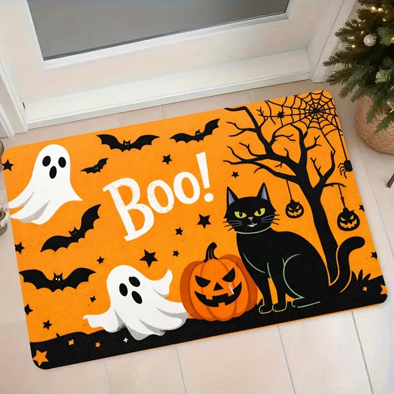 1pc Halloween Flannel Mat Pumpkin Black Cat Ghost Bat Spider Web Pattern Entrance Door Mat Home Foyer Bedroom Anti-Slip Foot Mat Festive Atmosphere De
