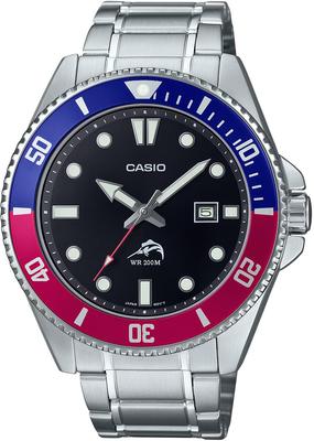 Casio Стандартные аналоговые спортивные водонепроницаемые часы 20 ATM с синим и красным безелем, металлический браслет, модель Overseas MDV-106DD-1A2V для мужчин [Товар]