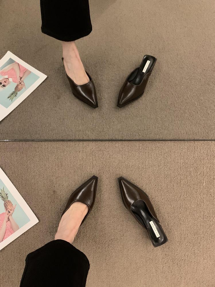 Най Пай~ Ретро сумка голова полушлепанцы для женщин, носящих ленивых людей с одной педалью, остроносые туфли-мюли, туфли на толстом каблуке с полуподдержкой для ж