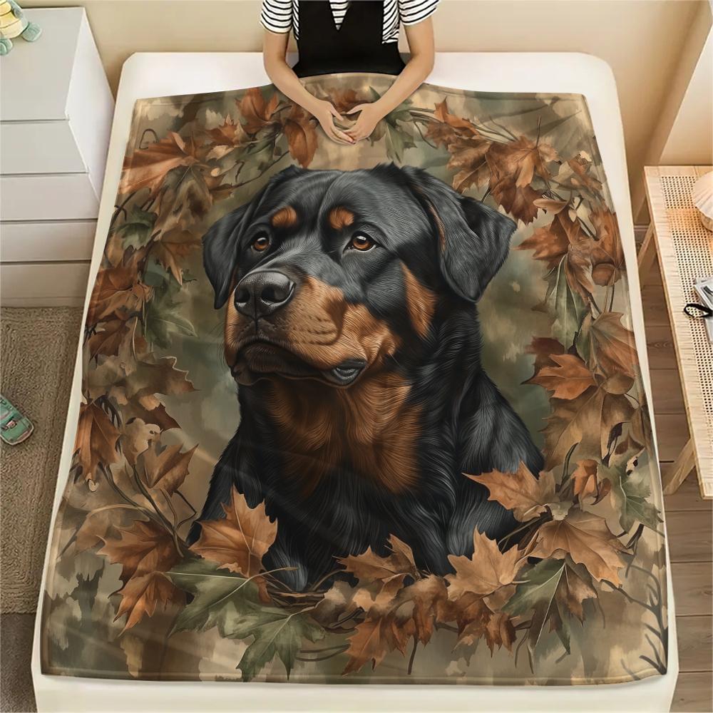 Rottweiler and Leaves,pattern Flannel Blanket, High quality Comfortable for All Seasons, Home Decor, Warmth and Comfort, Perfect for Gifts.