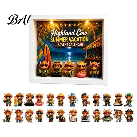 Detailed Highland Cow Toy Set Summer Vacation Advent Calendar 2026, 24 Days Mini Cattle Figurines Aerospace Countdown with LED Light Frame for