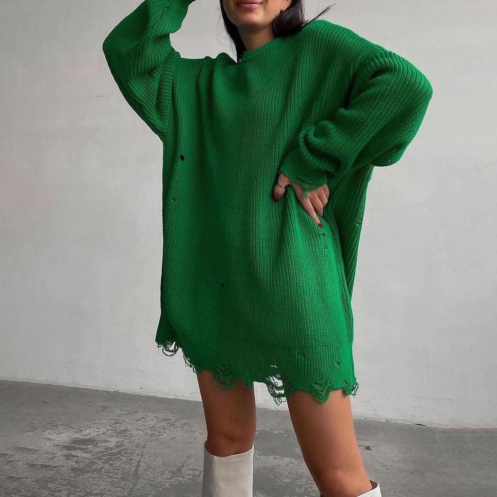 Осень-зима Винтажный свободный топ с длинными рукавами Однотонный пуловер Трикотажный свитер с круглым вырезом