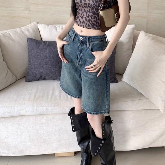 HWomen Denim Shorts High Waist Vintage Washed Straight Wide Leg Pure Color Button Zipper Closure Streetwear Knee Length Jeans Short Pants